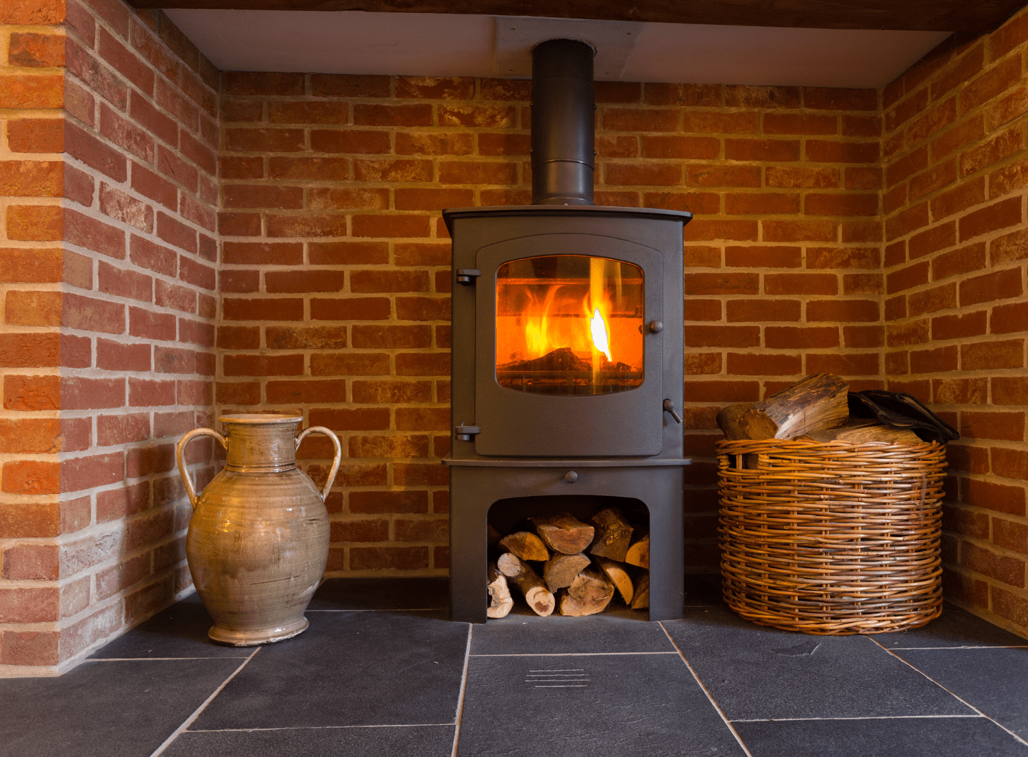 Wood stove burning a fire